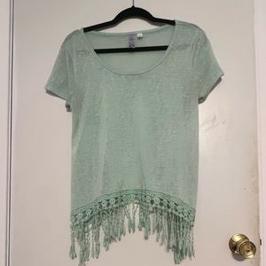 Aliya light teal short sleeve Crochet fringe top